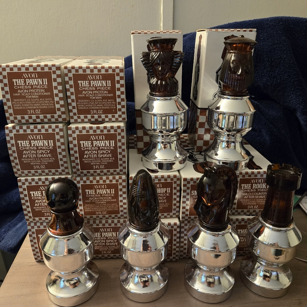 Avon 70's Vintage Silver and Brown Chess Piece After Shave Collection